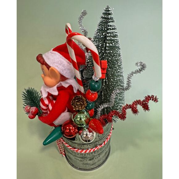 Vintage Knee Hugger Pixie Elf Christmas Assemblage in Flour Sifter Holiday Decor - Picture 6 of 8